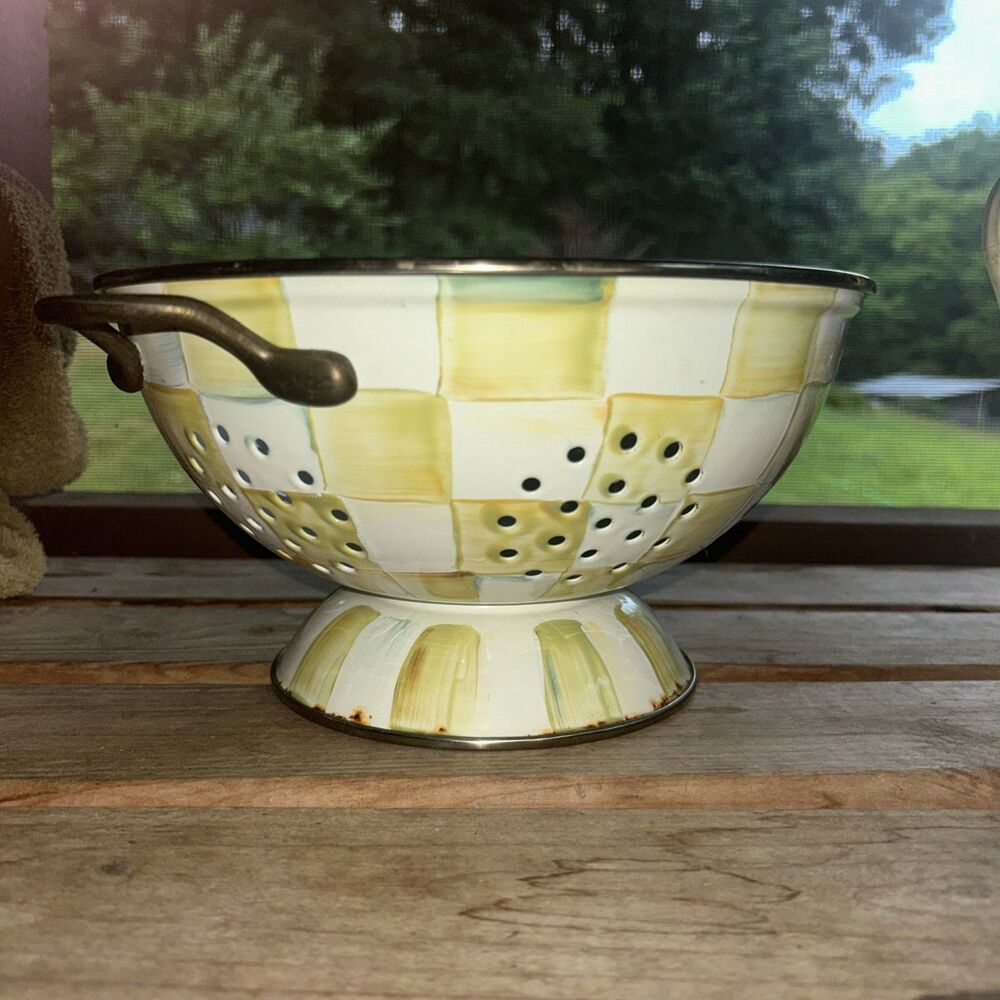 Mackenzie Childs Parchment Check Enamel Colander 10×6